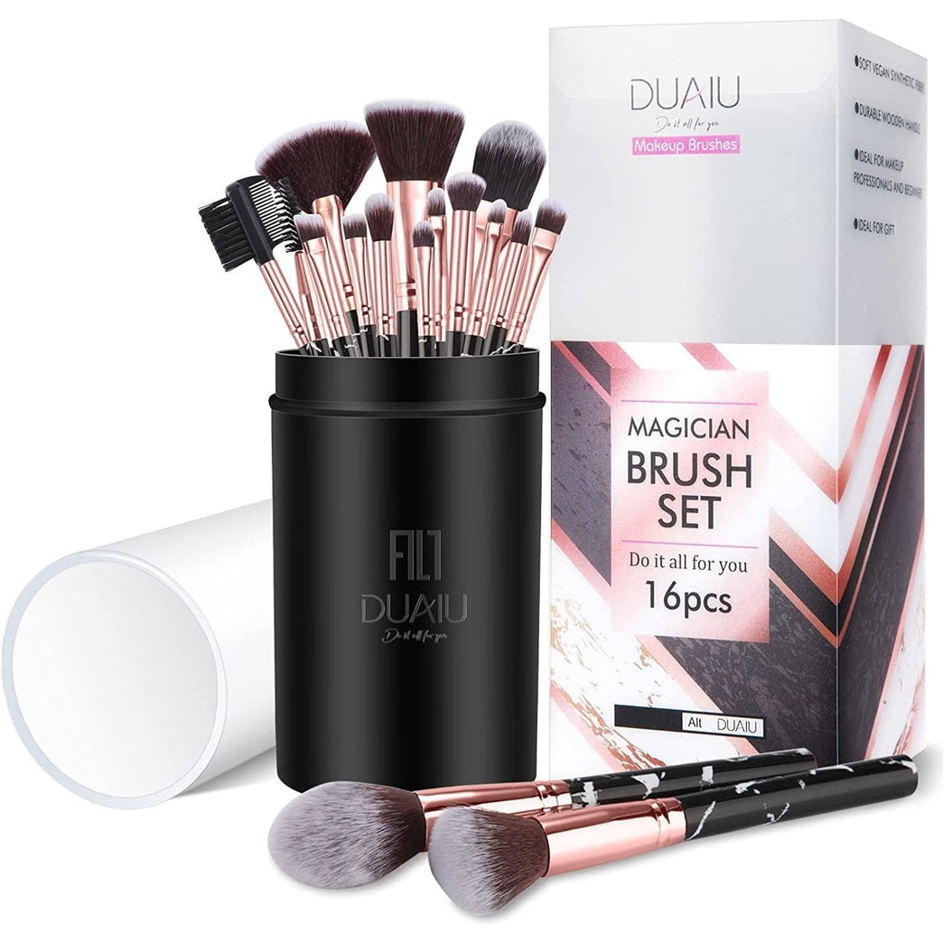 16-Piece Black Marble Makeup Brush Set with Holder - Vegan Synthetic Fibre Brushes for Eyeshadow, Foundation, Concealer, and Eyebrow - Gift Box Included