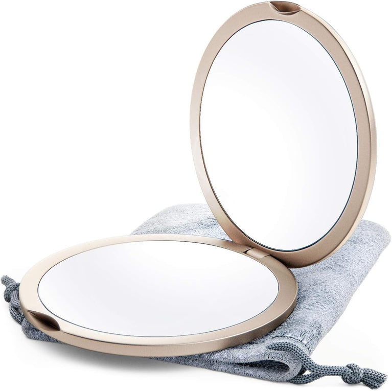 Compact Double-Sided Makeup Mirror with Hands-Free Hinge (Champagne Gold)
