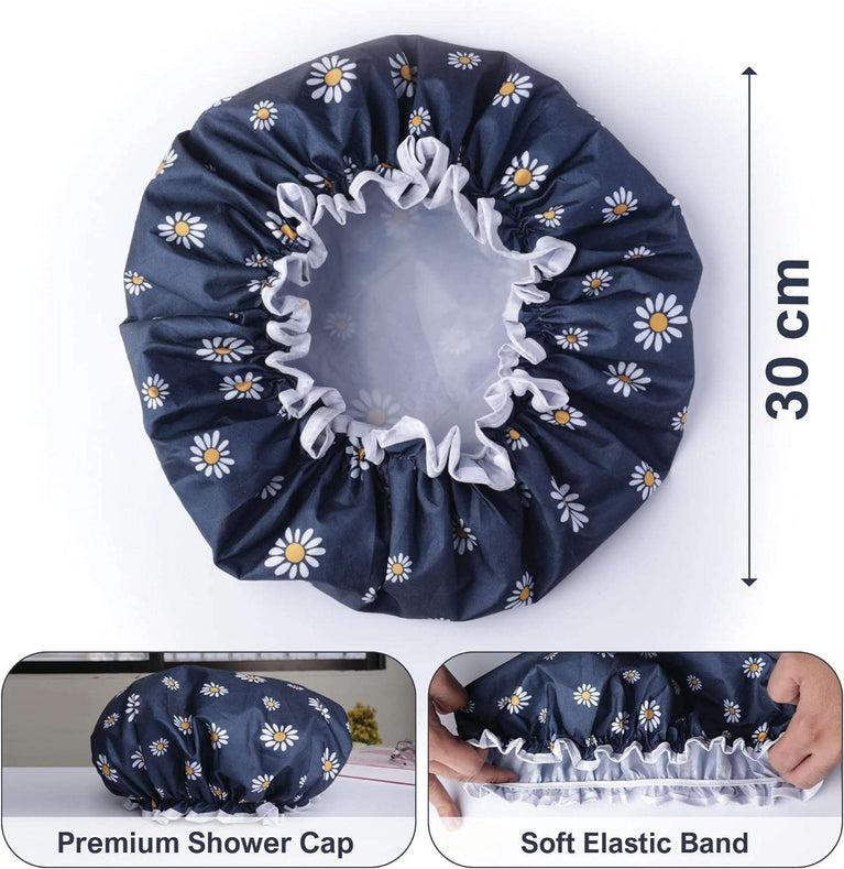 SARG Premium Double Layer Shower Cap for Women with Unique Flower Design- Reusable Shower Cap for Hair - Waterproof Plastic Cap - Shower Caps for Long, Short and Curly Hairs