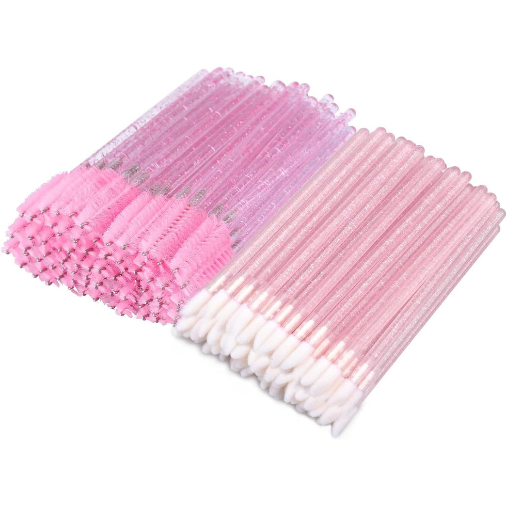 G2PLUS 100PCS Glitter Pink Disposable Eyelash Mascara and Lip Brushes Set - 50PCS Eyelash Spoolies and 50PCS Lip Wands for Eyelash Extensions