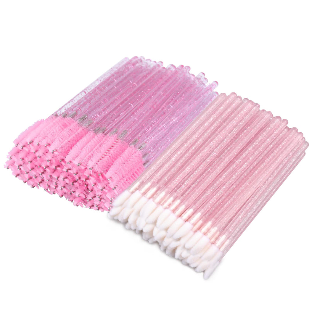 100PCS Glitter Pink Disposable Eyelash Mascara and Lip Brushes Set - 50PCS Eyelash Spoolies and 50PCS Lip Wands for Eyelash Extensions