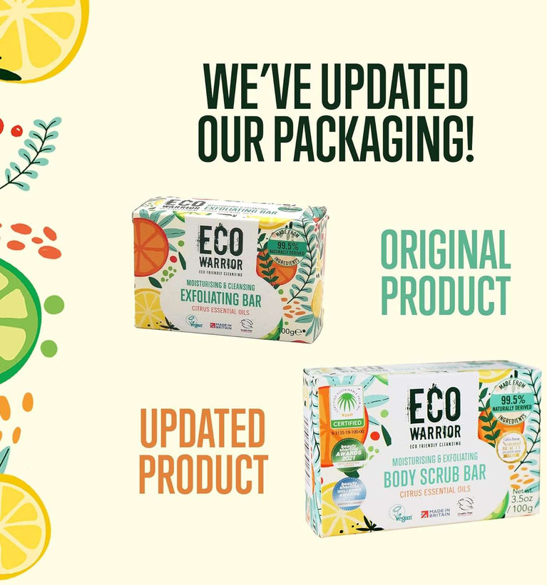 Eco Warrior Body Scrub Soap Bar - Vegan, Cruelty Free, No SLS or Parabens, Whole Body & Hand Soap, Moisturising and Exfoliating Citrus Essential Oils and Oatmeal, Natural Eco Friendly Bar Soap - 100g