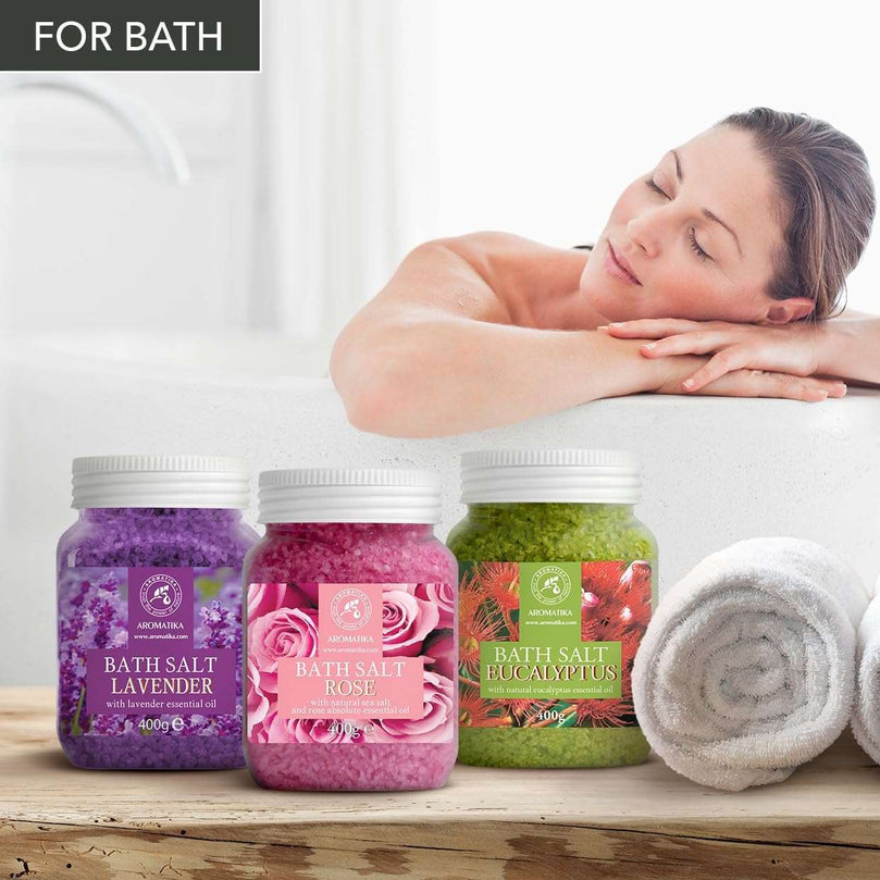 Bath Salts Set 3x400g - Lavender - Rose - Eucalyptus - 100% Natural Essential Oil - Best for Good Sleep - Stress Relief - Bathing - Body Care - Wellness - Beauty - Relaxation - Spa