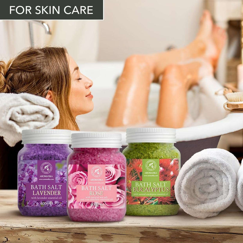 Bath Salts Set 3x400g - Lavender - Rose - Eucalyptus - 100% Natural Essential Oil - Best for Good Sleep - Stress Relief - Bathing - Body Care - Wellness - Beauty - Relaxation - Spa