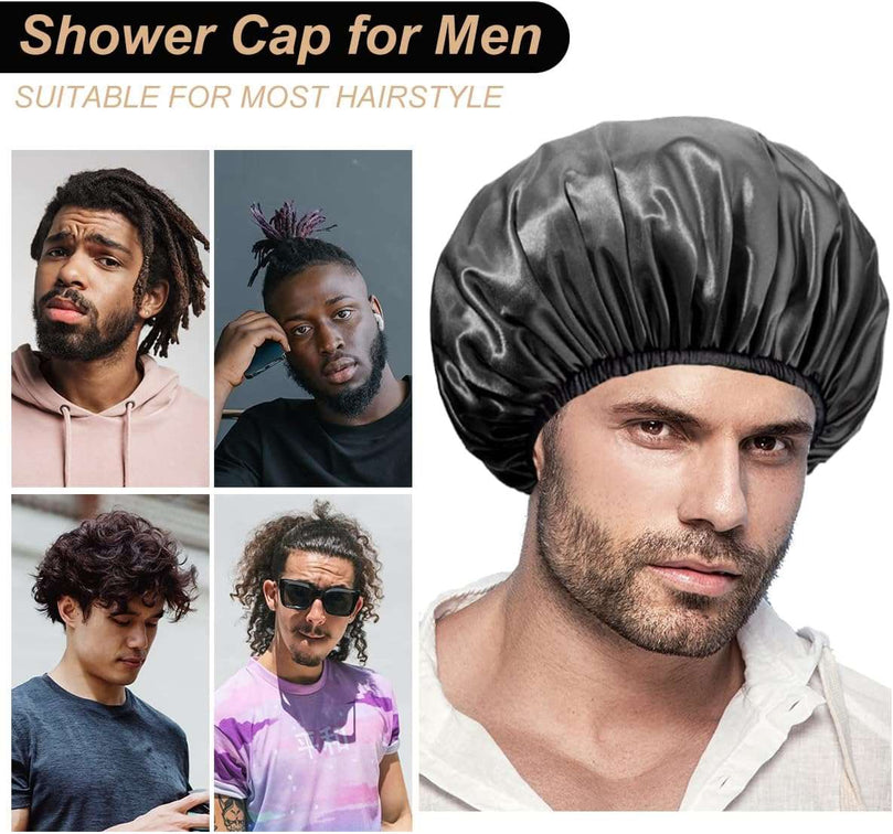 Aquior Shower Cap, Extra Large Shower Cap for Men, Satin EVA Double Layer Waterproof Reusable Hair Cap for Women Long Hair(All Black 4 Pack)