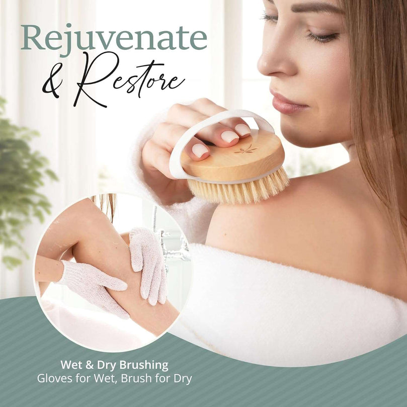 Belula Premium Dry Brushing Body Brush Set- Natural Boar Bristle Body Brush, Exfoliating Face Brush & One Pair Bath & Shower Gloves. Free Bag & How to – Great Gift for A Glowing Skin & Healthy Body
