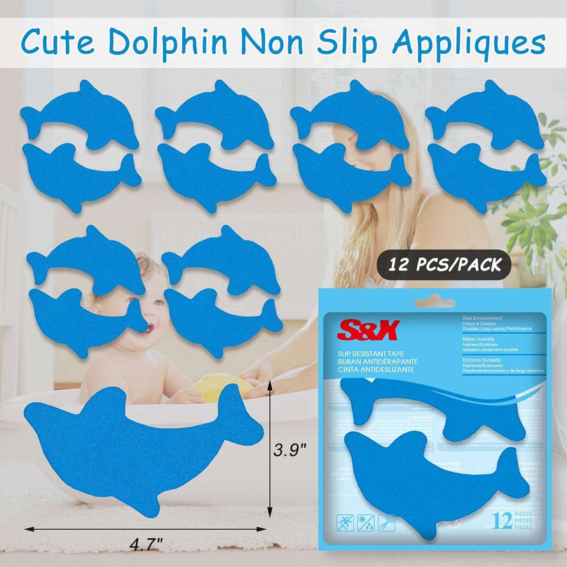 S&X Bathtub Non Slip Stickers,Grippy Dolphin Adhesive Treads – Fine Gritty Textured Surface – Pack of 12 Shower Floor Non Slip Stickers – Comfortable Grip On Slipper Surfaces