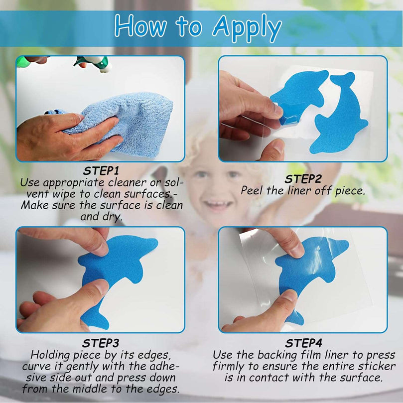 S&X Bathtub Non Slip Stickers,Grippy Dolphin Adhesive Treads – Fine Gritty Textured Surface – Pack of 12 Shower Floor Non Slip Stickers – Comfortable Grip On Slipper Surfaces