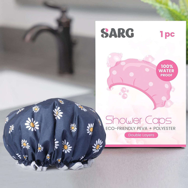SARG Premium Double Layer Shower Cap for Women with Unique Flower Design- Reusable Shower Cap for Hair - Waterproof Plastic Cap - Shower Caps for Long, Short and Curly Hairs