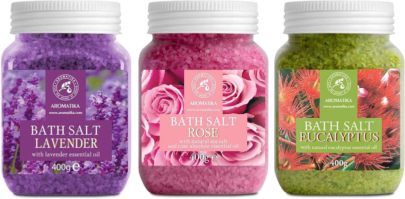 Bath Salts Set 3x400g - Lavender - Rose - Eucalyptus - 100% Natural Essential Oil - Best for Good Sleep - Stress Relief - Bathing - Body Care - Wellness - Beauty - Relaxation - Spa