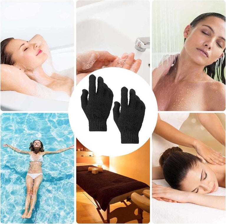 Sibba Bath Gloves for Shower Natural Loofah Exfoliating Wash Gloves for Body and Face, Dead Skin Remover, Double Sided Microfibre Shower Body Gloves for Adults and Kids (Black)