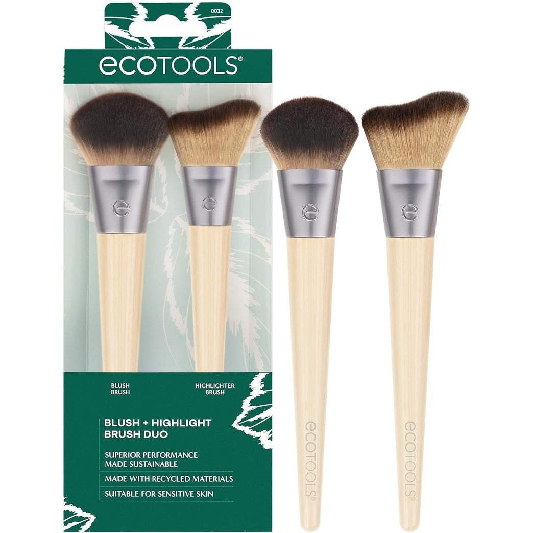 2x Radiant Blush & Highlight Brush Duo, Vegan & Cruelty-Free Synthetic Bristles for Skin Enhancement