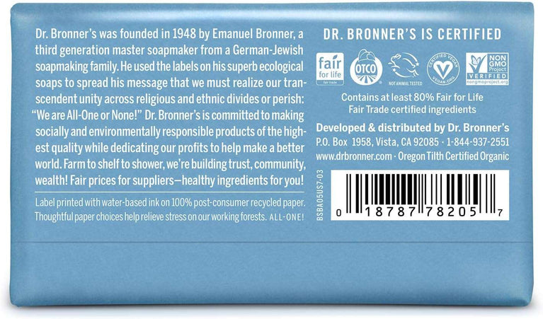 Dr Bronner's 3-in-1 Baby Unscented Pure-Castile Bar Soap, Made with Organic Oils with No Synthetic Fragrances, Used for Face, Body and Hair, Certified Fair Trade & Vegan Friendly, 140g Bar