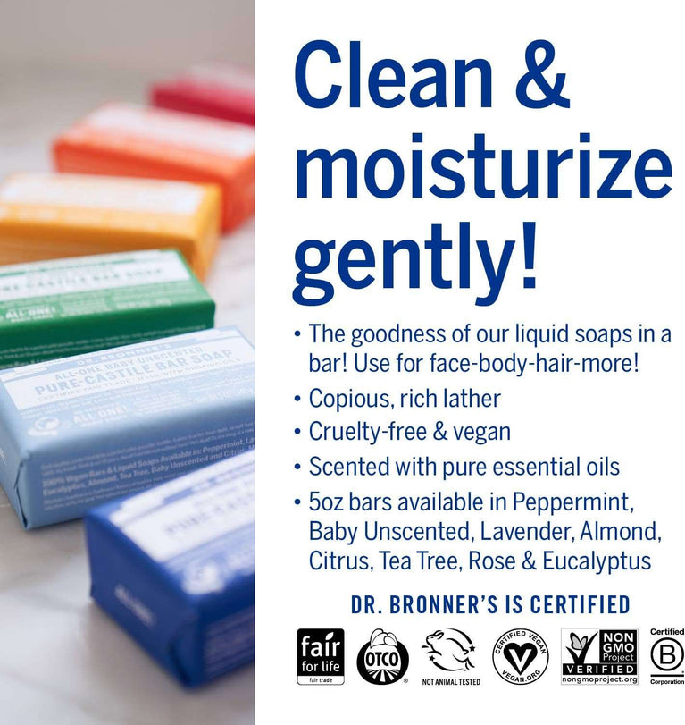 Dr Bronner's 3-in-1 Baby Unscented Pure-Castile Bar Soap, Made with Organic Oils with No Synthetic Fragrances, Used for Face, Body and Hair, Certified Fair Trade & Vegan Friendly, 140g Bar