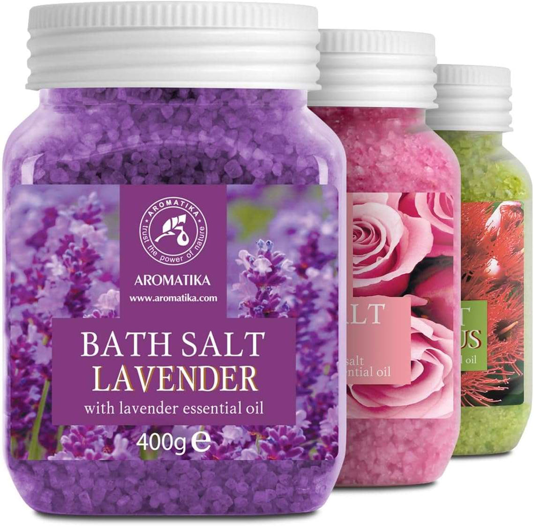 Bath Salts Set 3x400g - Lavender - Rose - Eucalyptus - 100% Natural Essential Oil - Best for Good Sleep - Stress Relief - Bathing - Body Care - Wellness - Beauty - Relaxation - Spa