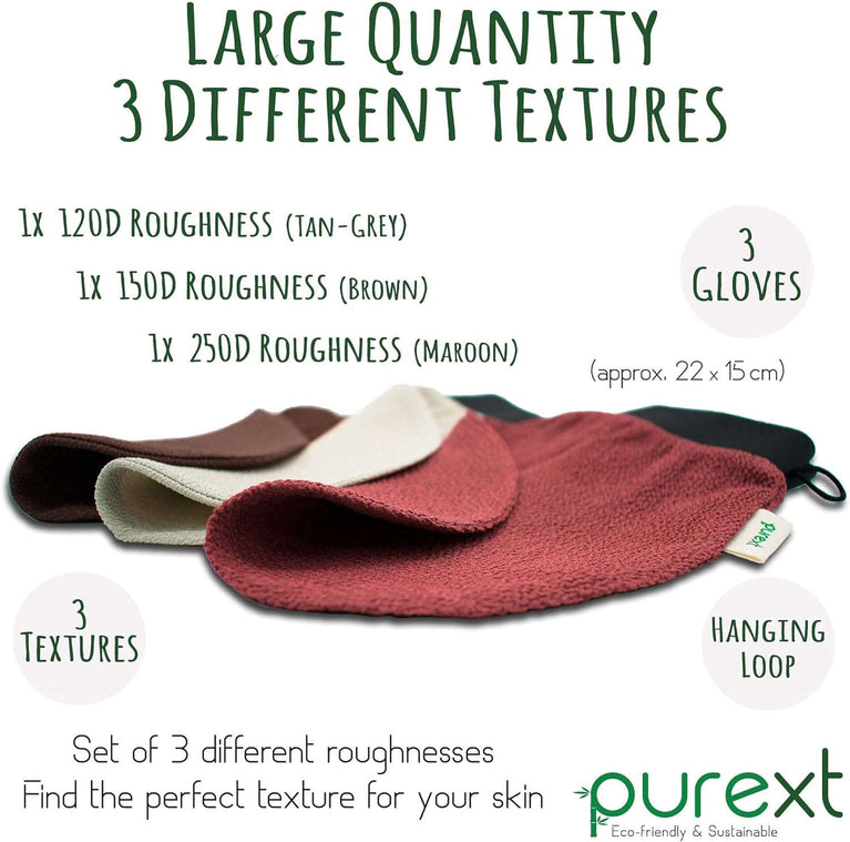 PureXT 3 Exfoliating Gloves - Kessa Hammam Body Scrubber - Fake Tan Remover Exfoliator Mitts (Mixed)