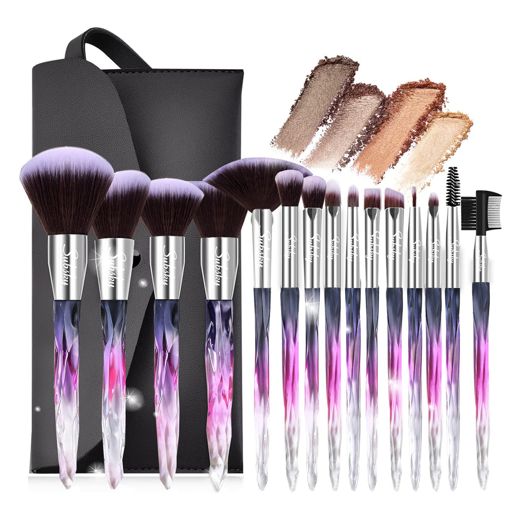 15-Piece Subsky Acrylic Handle Makeup Brushes Kit with Crystal Style and Sparkling Handles
