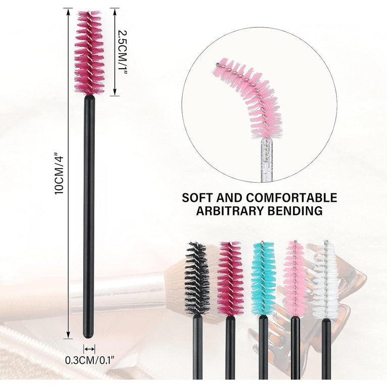 100PCS Glitter Pink Disposable Eyelash Mascara and Lip Brushes Set - 50PCS Eyelash Spoolies and 50PCS Lip Wands for Eyelash Extensions