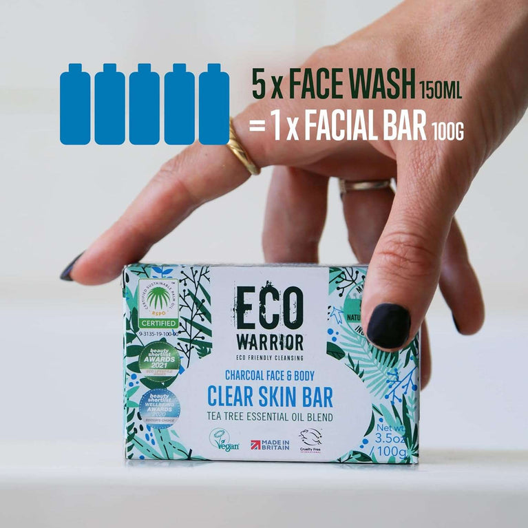 Eco Warrior Charcoal Clear Skin Soap Bar - Vegan, Cruelty Free, No SLS or Parabens, Whole Body Soap, Moisturising Charcoal, Grapeseed and Anti Bacterial Tea Tree Essential Oil, Eco Friendly Soap 100g