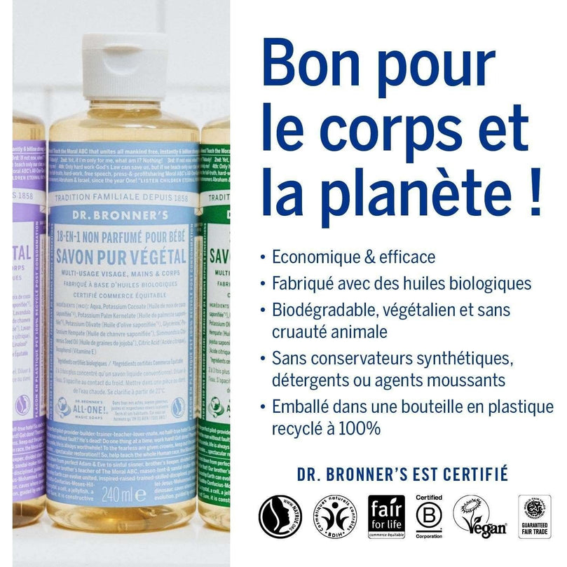 Dr Bronner's 18-in-1 Baby Unscented Pure Castile Liquid Soap, Made with Organic Oils, Used for Face, Hair, Babies, Laundry and Dishes, Certified Fair Trade & Vegan Friendly, 473ml Recyled Bottle