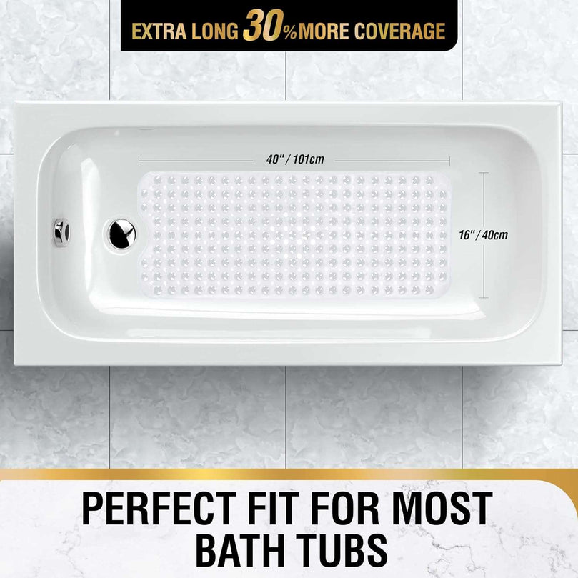 HITSLAM Non Slip Bath Mat for Tub, 100 x 40cm Extra Long Shower Mat Anti Mould, Machine Washable Bathroom Bathtub Mat with Suction Cups and Drain Holes, Soft on Feet, Clear