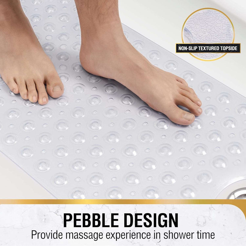 HITSLAM Non Slip Bath Mat for Tub, 100 x 40cm Extra Long Shower Mat Anti Mould, Machine Washable Bathroom Bathtub Mat with Suction Cups and Drain Holes, Soft on Feet, Clear