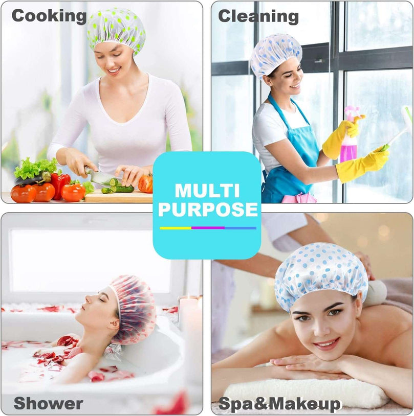 6 Pcs OWill Shower Caps for Women uk,Waterproof and Reusable Bath Cap,28cm Width with Elastic Band, Large Plastic Long Hair Eco Cap.