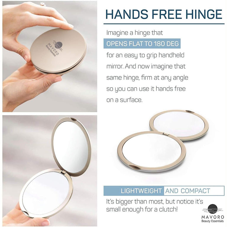 Compact Double-Sided Makeup Mirror with Hands-Free Hinge (Champagne Gold)