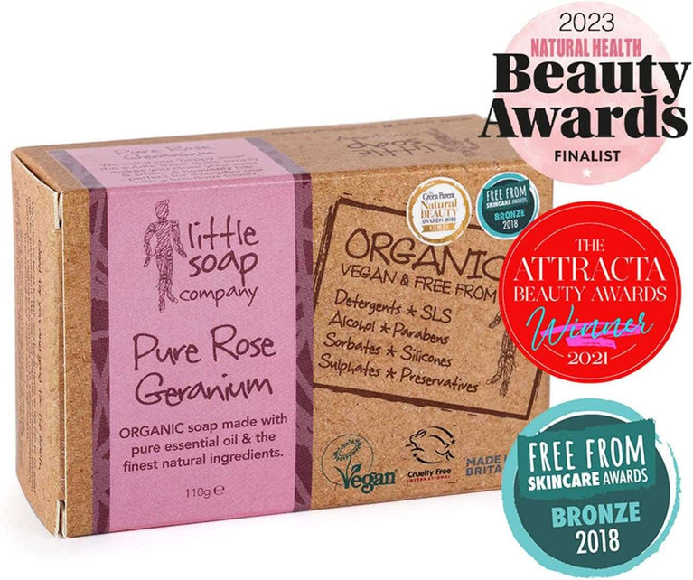 Little Soap Company Organic Soap Bar – Vegan, Cruelty Free, No SLS or Parabens, With Rose Geranium, Natural & Organic Body & Hand Soap (110g)