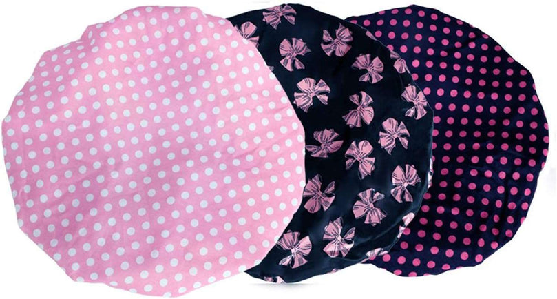 PrettyDate 3 Packs Double layer Shower Cap Waterproof Elastic Bath Cap for Women Shower Spa Salon