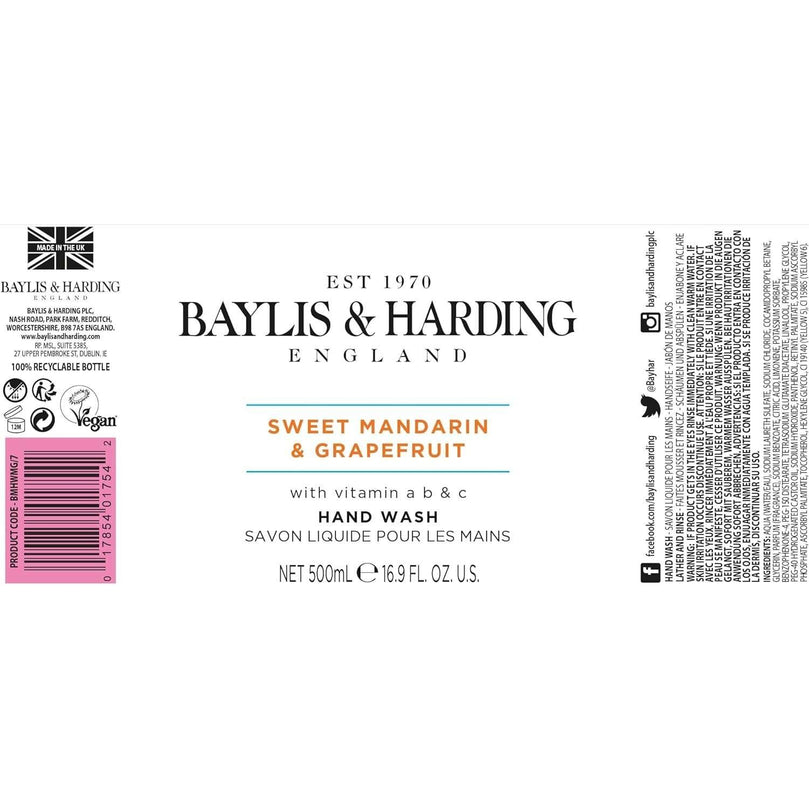 Baylis & Harding Sweet Mandarin and Grapefruit Hand Wash, 500 ml (Pack of 3) - Vegan Friendly