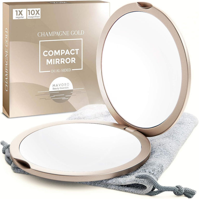 Compact Double-Sided Makeup Mirror with Hands-Free Hinge (Champagne Gold)