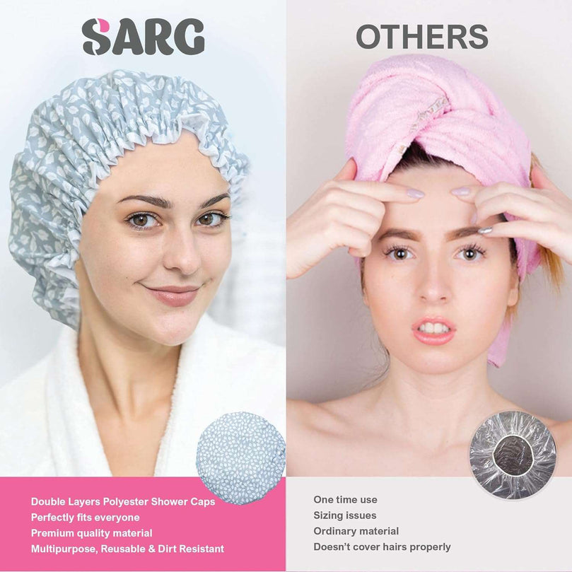 SARG Pack of 2 Double Layer Shower Caps for Women with Unique Feather Design- Reusable Shower Caps for Hair - Waterproof Plastic Caps - Perfect for Long, Short and Curly Hairs