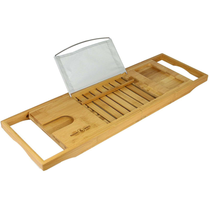Extendable Bamboo Bath Caddy & Tray | Adjustable Luxury Home Spa Wood Bath Tub Rest | Wine Glass, Tablet / Book, Smartphone Holder Bridge | Non-Slip Feet | M&W