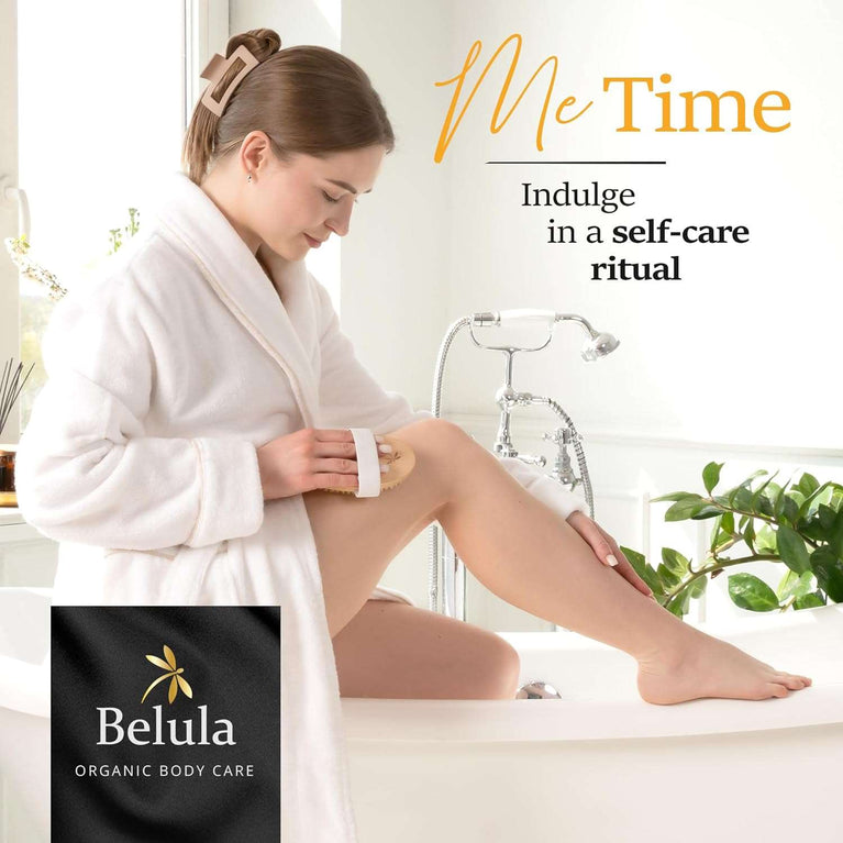 Belula Premium Dry Brushing Body Brush Set- Natural Boar Bristle Body Brush, Exfoliating Face Brush & One Pair Bath & Shower Gloves. Free Bag & How to – Great Gift for A Glowing Skin & Healthy Body