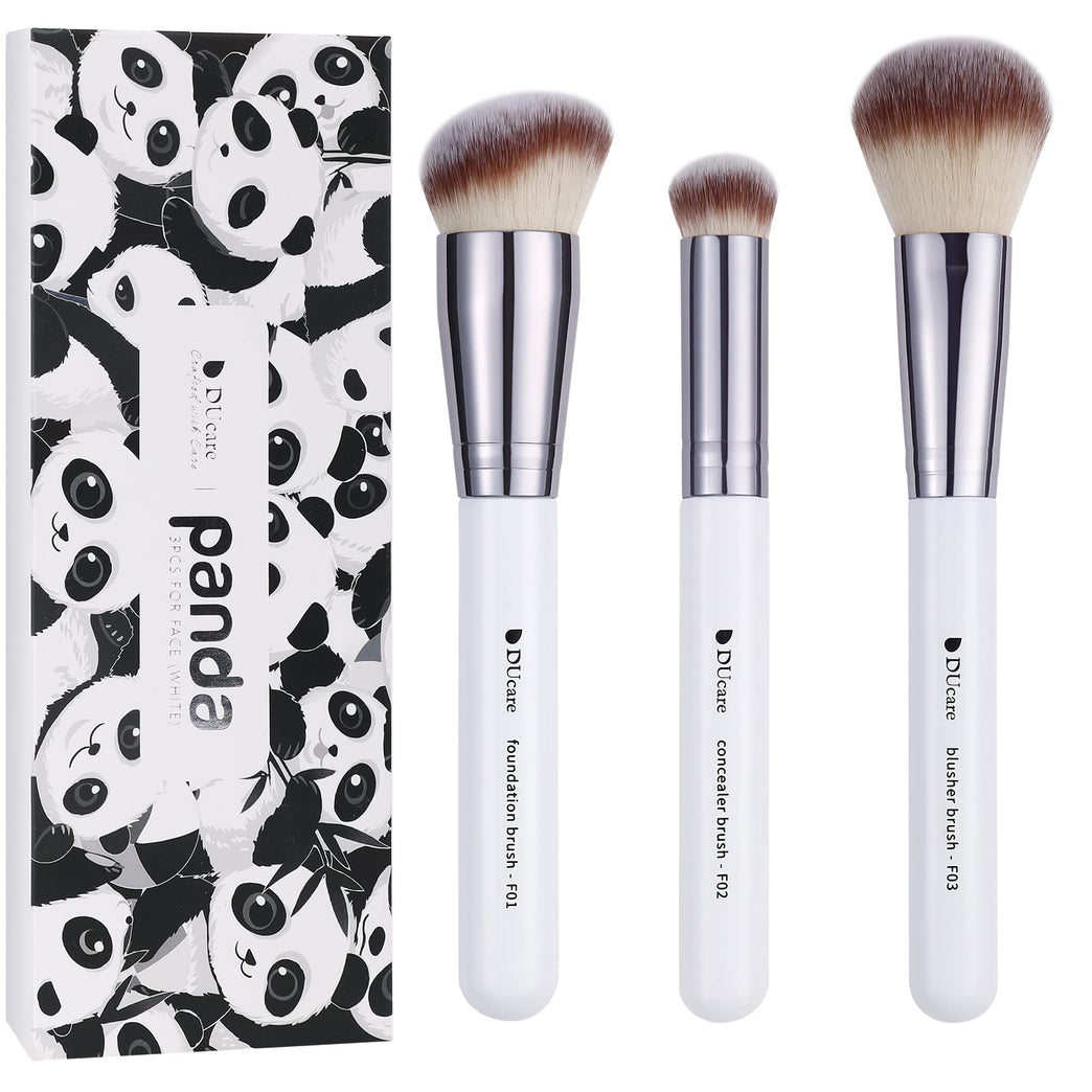 3-Piece Makeup Brush Set – White – Powder, Concealer and Blush Brushes, Vegan