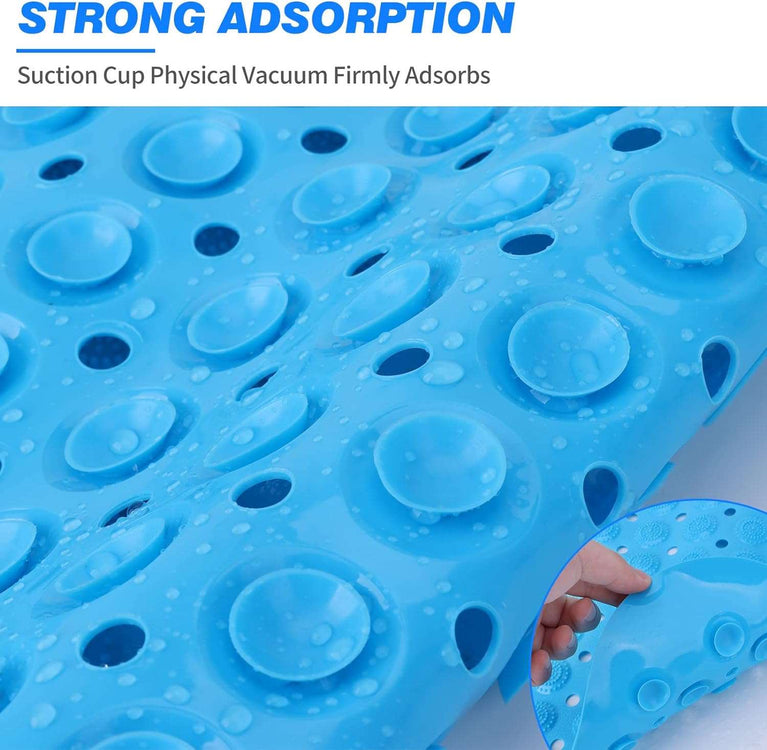 Bath Mat Non Slip Anti Mould, Extra Long Bathtub Mats with Drain Holes & Suction Cups Machine Washable Rubber Bathroom Shower Mat for Inside Bath - 70 x 35 cm Blue