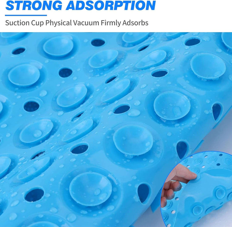 Bath Mat Non Slip Anti Mould, Extra Long Bathtub Mats with Drain Holes & Suction Cups Machine Washable Rubber Bathroom Shower Mat for Inside Bath - 70 x 35 cm Blue