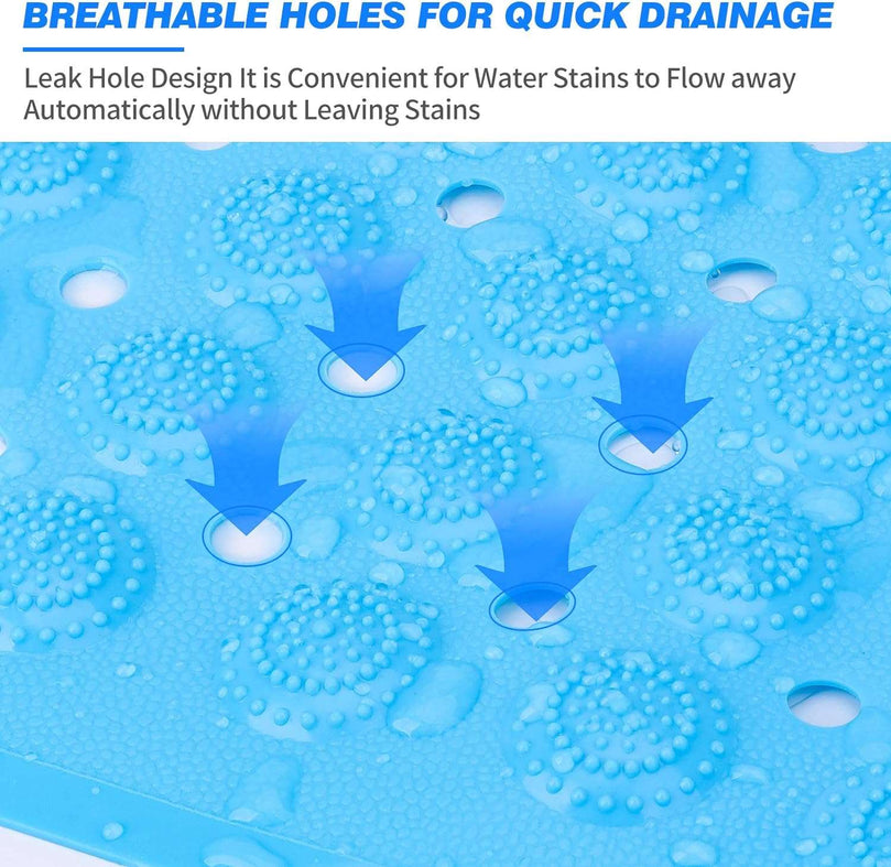 Bath Mat Non Slip Anti Mould, Extra Long Bathtub Mats with Drain Holes & Suction Cups Machine Washable Rubber Bathroom Shower Mat for Inside Bath - 70 x 35 cm Blue