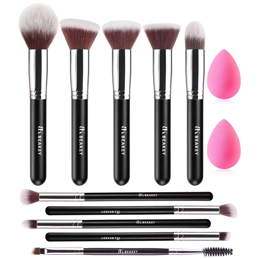 BEAKEY 12-Piece Makeup Brush Set with Blender Sponges - Black/Silver