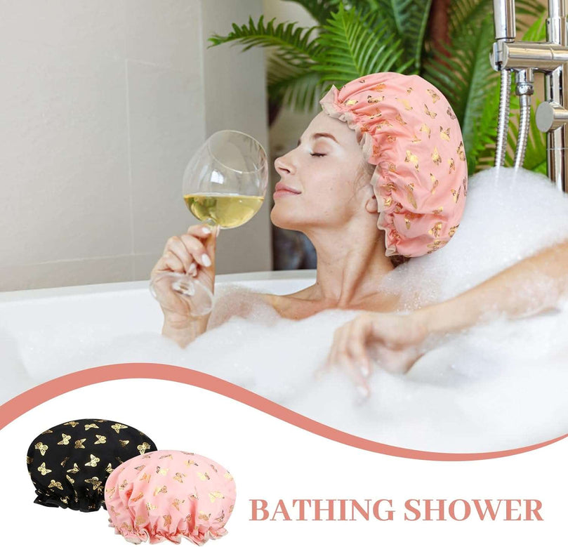 2 PCS Shower Cap Elastic Band Waterproof Bath Caps Double Layers Reusable With Ruffled Edge Covering Ears for Girls and Women