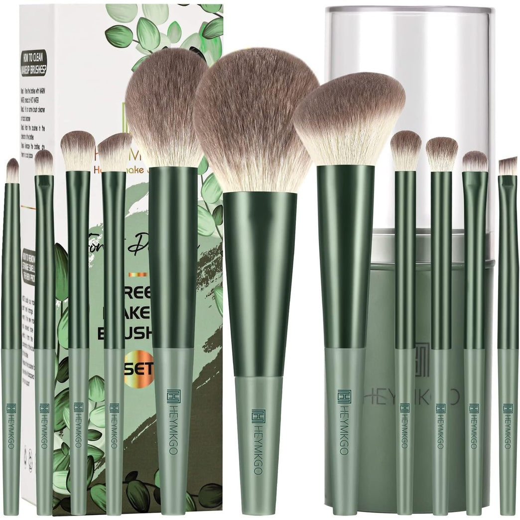 Green Goddess Makeup Brush Set - 11pcs Premium Synthetic Bristles in Stylish Gift Box