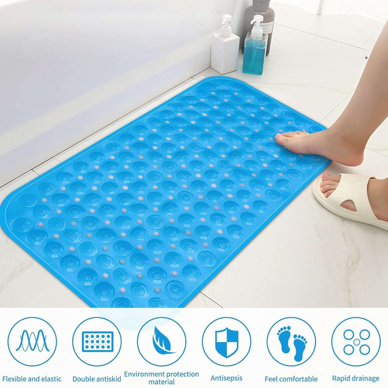 Bath Mat Non Slip Anti Mould, Extra Long Bathtub Mats with Drain Holes & Suction Cups Machine Washable Rubber Bathroom Shower Mat for Inside Bath - 70 x 35 cm Blue