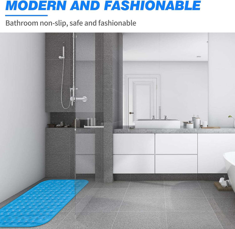Bath Mat Non Slip Anti Mould, Extra Long Bathtub Mats with Drain Holes & Suction Cups Machine Washable Rubber Bathroom Shower Mat for Inside Bath - 70 x 35 cm Blue