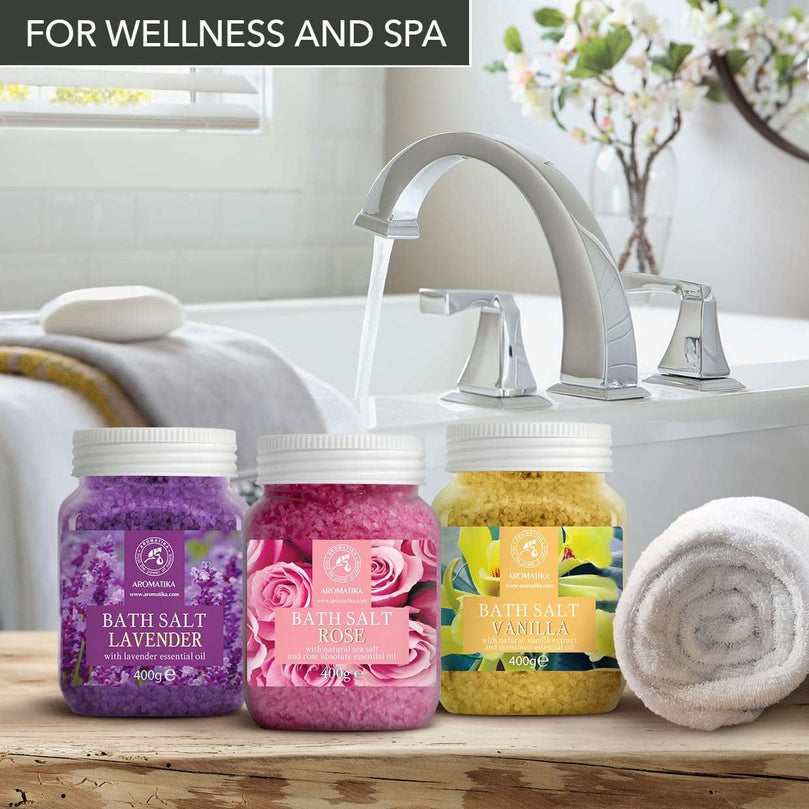 Bath Salts Set 3x400g - Lavender - Rose - Eucalyptus - 100% Natural Essential Oil - Best for Good Sleep - Stress Relief - Bathing - Body Care - Wellness - Beauty - Relaxation - Spa