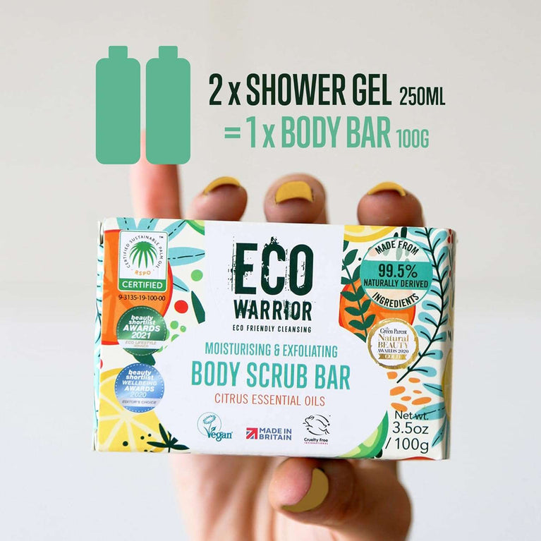 Eco Warrior Body Scrub Soap Bar - Vegan, Cruelty Free, No SLS or Parabens, Whole Body & Hand Soap, Moisturising and Exfoliating Citrus Essential Oils and Oatmeal, Natural Eco Friendly Bar Soap - 100g