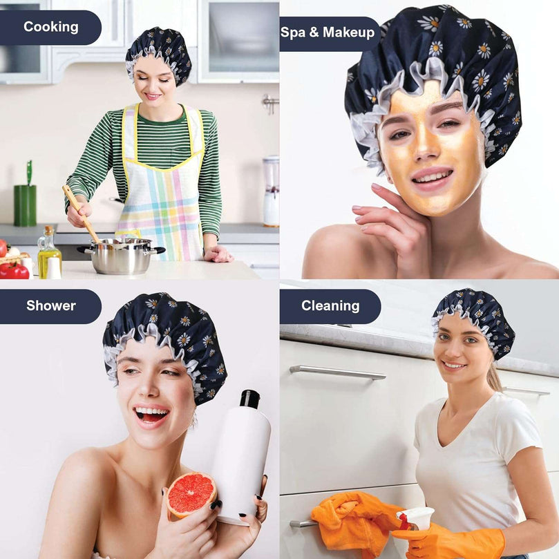 SARG Premium Double Layer Shower Cap for Women with Unique Flower Design- Reusable Shower Cap for Hair - Waterproof Plastic Cap - Shower Caps for Long, Short and Curly Hairs