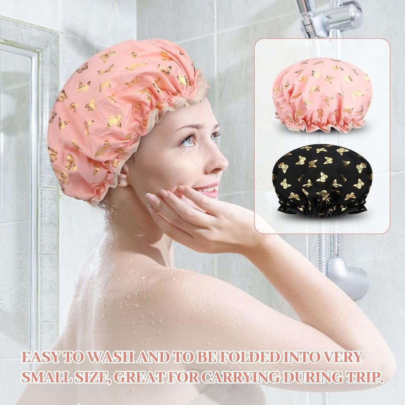 2 PCS Shower Cap Elastic Band Waterproof Bath Caps Double Layers Reusable With Ruffled Edge Covering Ears for Girls and Women