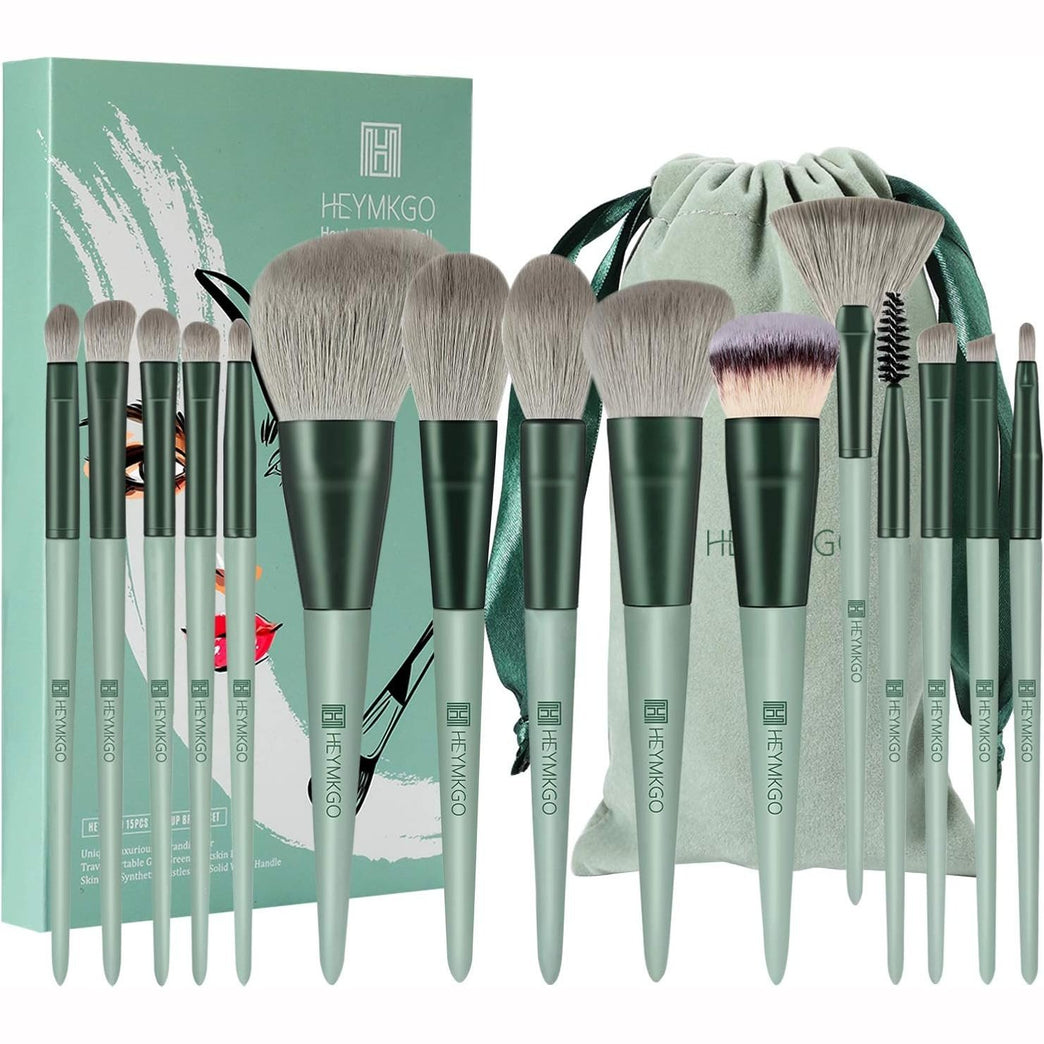 15-Piece Premium Green Makeup Brush Set with Stylish Conical Handles
