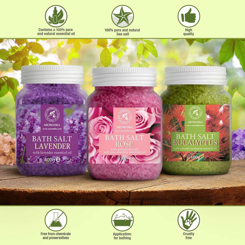 Bath Salts Set 3x400g - Lavender - Rose - Eucalyptus - 100% Natural Essential Oil - Best for Good Sleep - Stress Relief - Bathing - Body Care - Wellness - Beauty - Relaxation - Spa